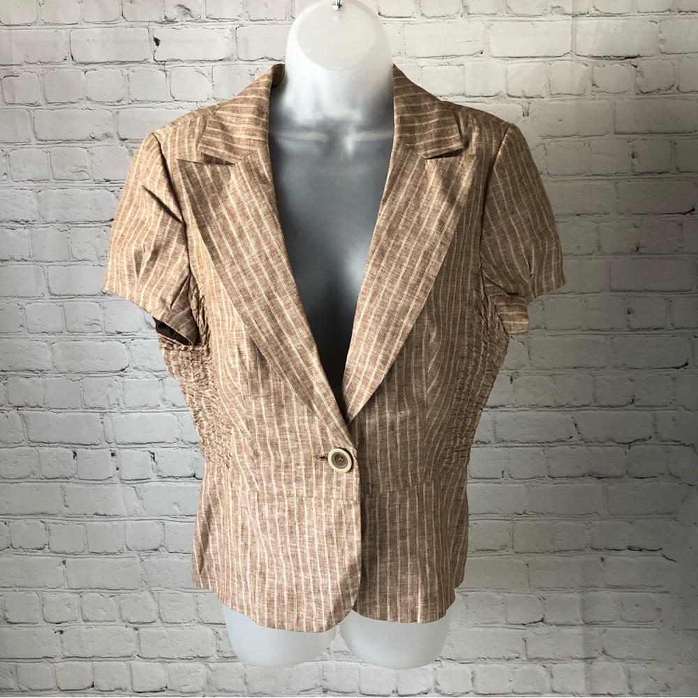 Women's Selé Brand Linen/Cotton Blend Blazer in Tan with Stripes. Size Large